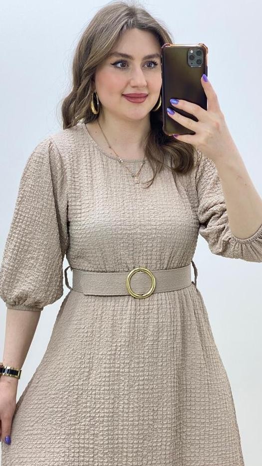 Dokulu Midi Boy Elbise Bej