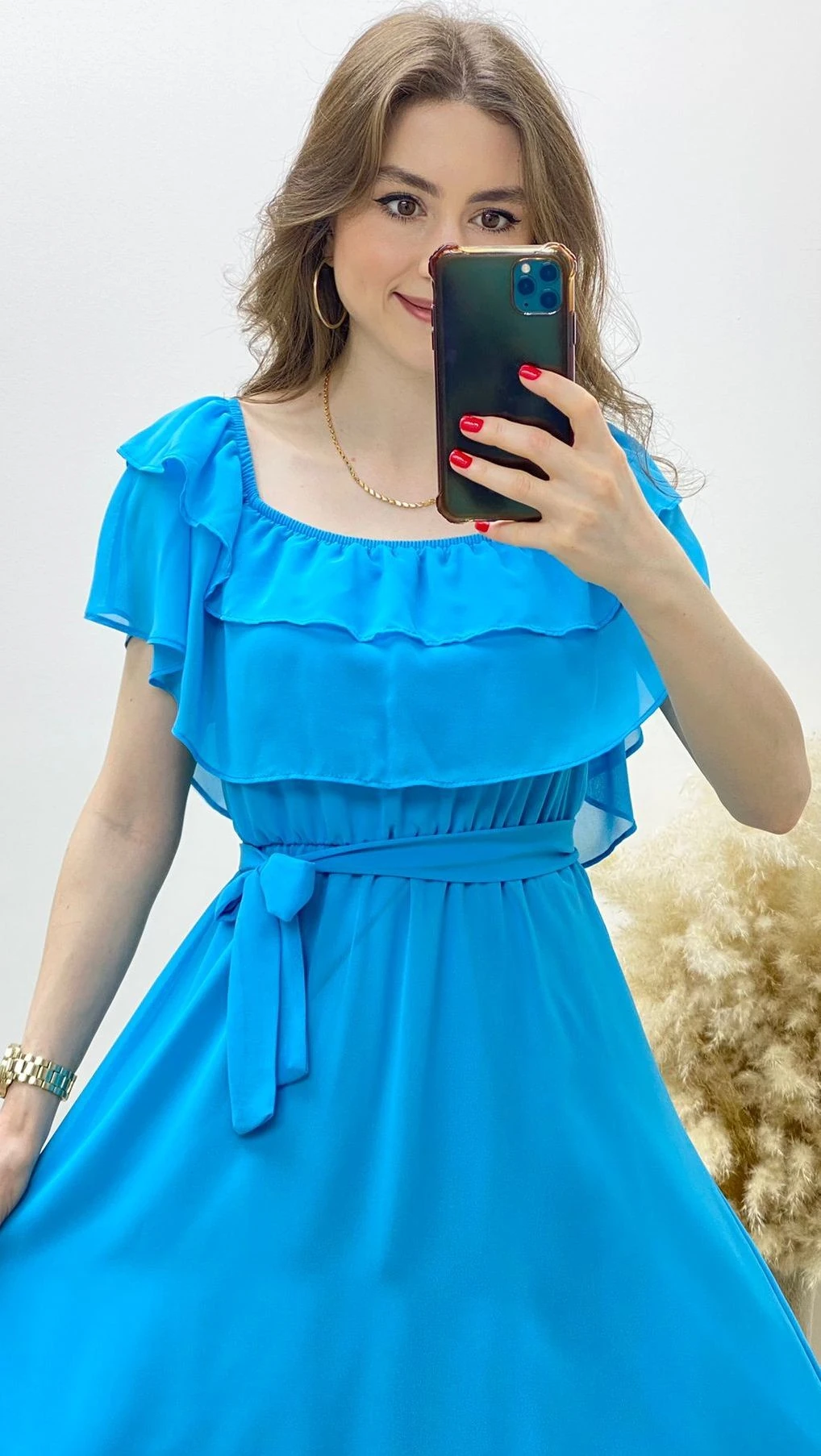 Fırfırlı Madonna Şifon Elbise Turkuaz