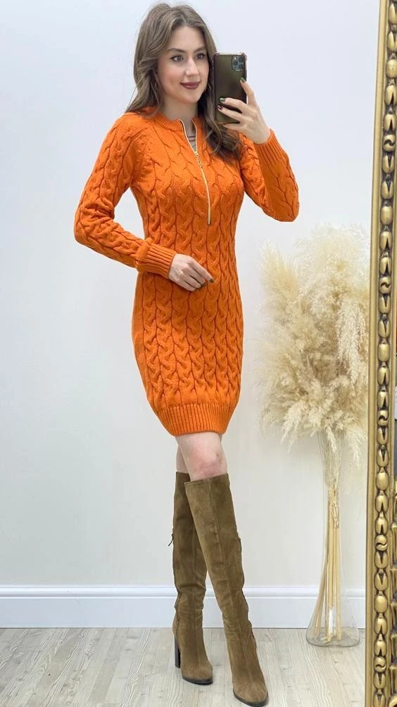 Saç Örgü Fermuar Detaylı Triko Elbise Turuncu