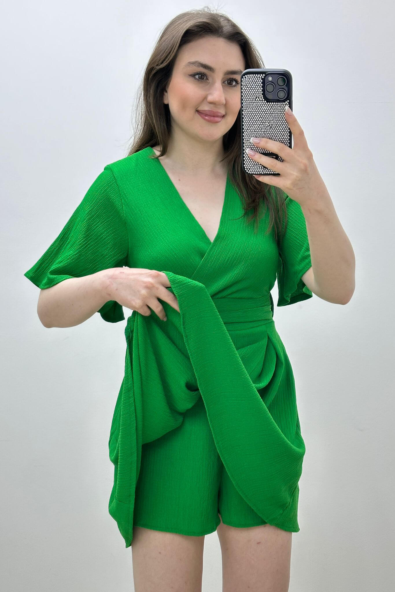 Gofre Şortlu Elbise Yeşil