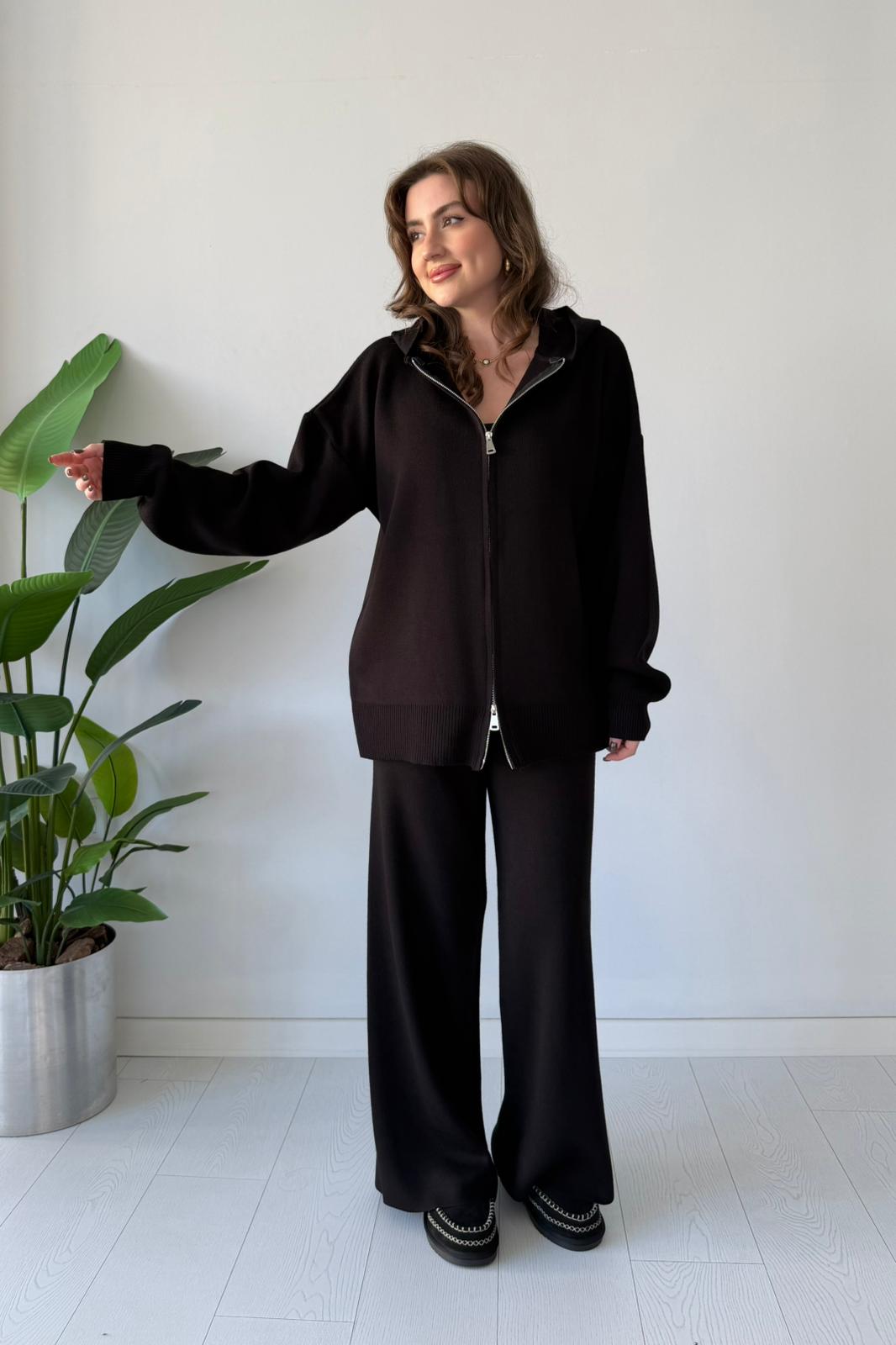 Çift Fermuarlı Triko Takım - Siyah