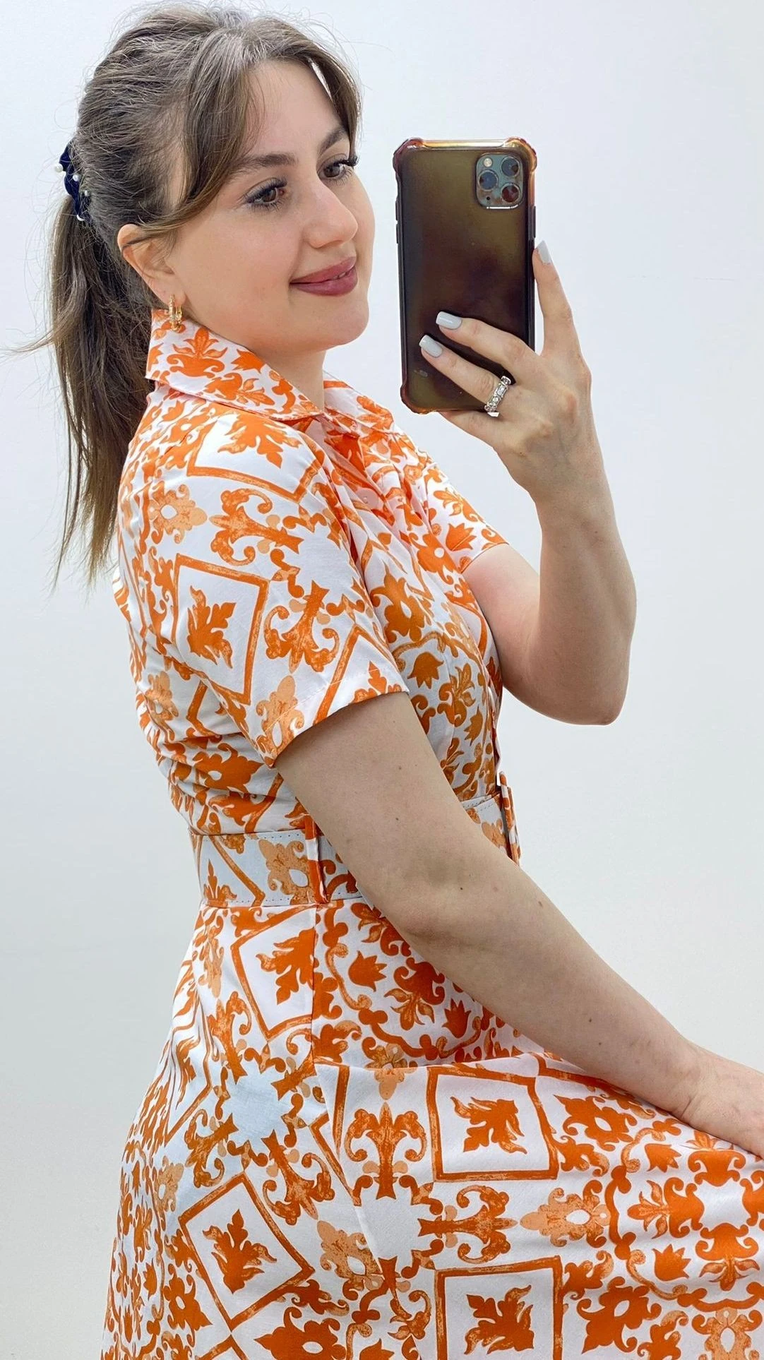 Etnik Poplin Gömlek Elbise Turuncu