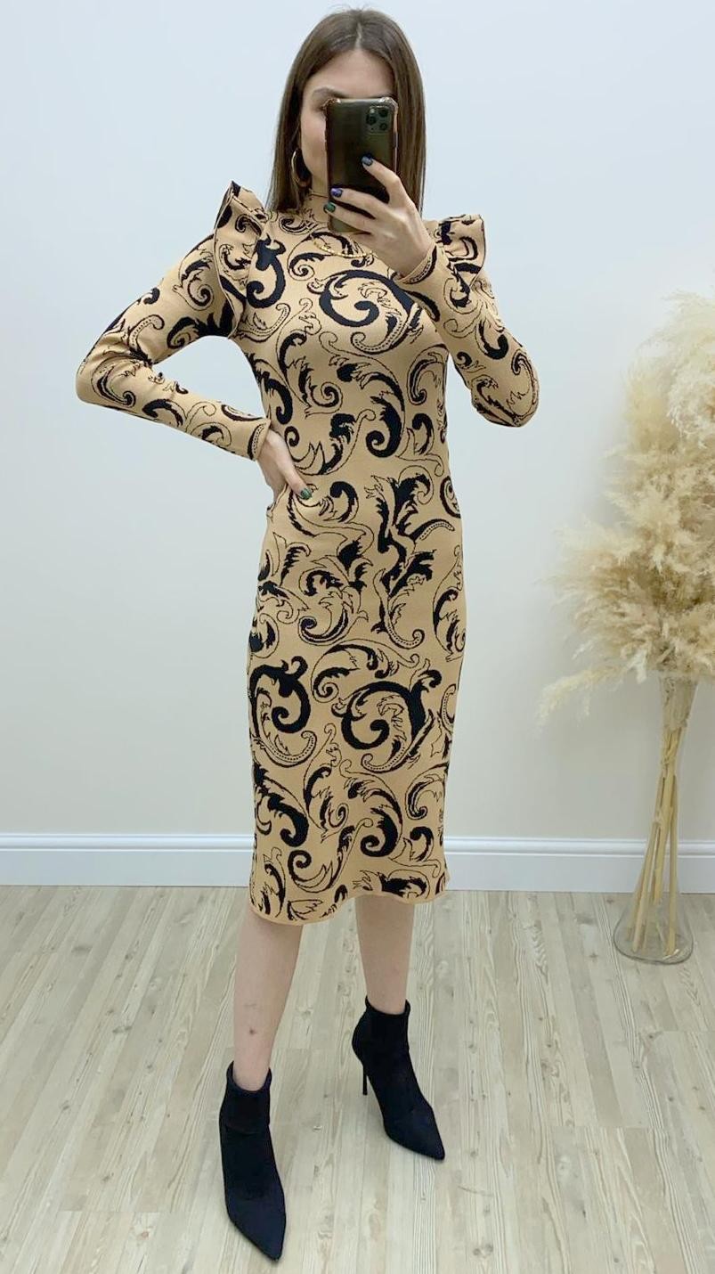 Jakarlı Triko Elbise Bej