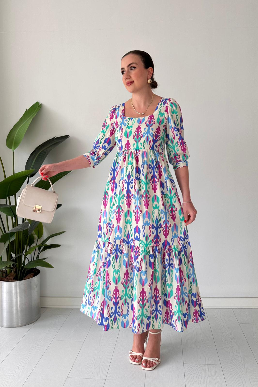 Aztek Poplin Elbise - Krem