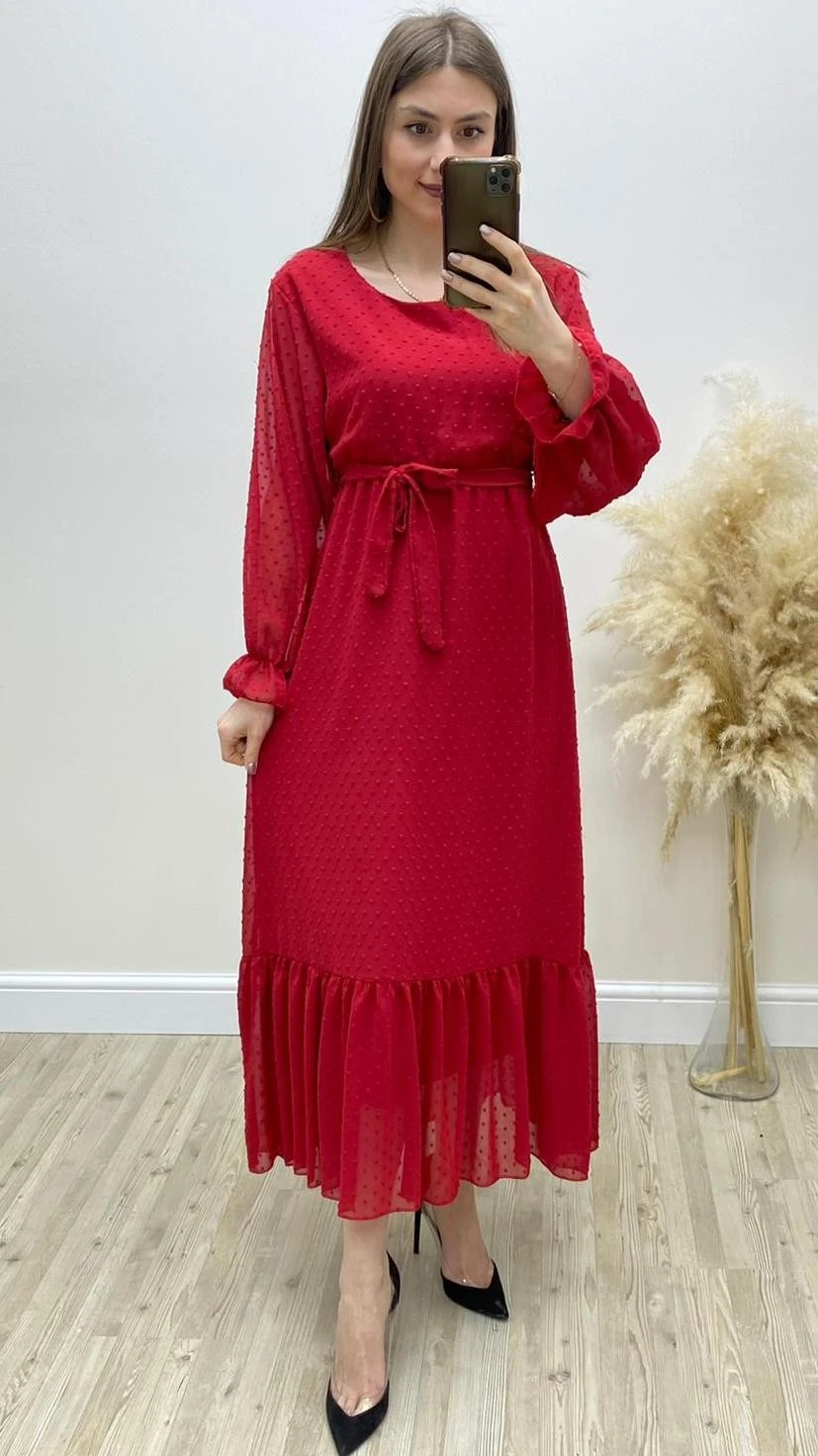 Kabarcık Desen Fırfırlı Şifon Elbise Kırmızı