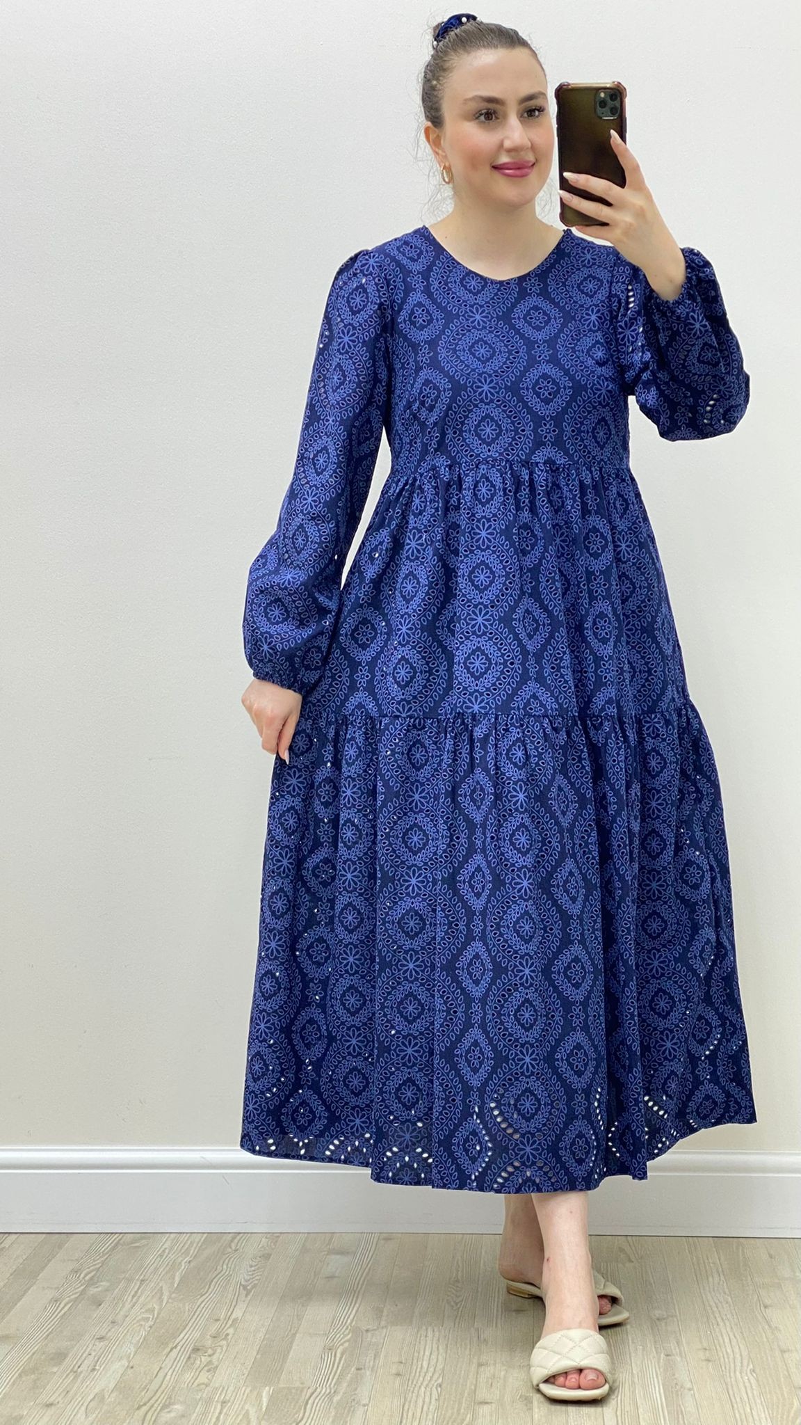 Uzun Kollu Fisto Elbise Mavi