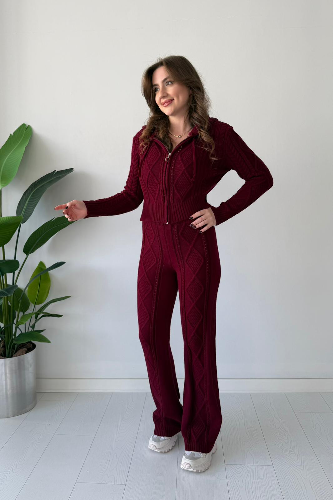 Kapşonlu Baklava Triko Takım - Bordo