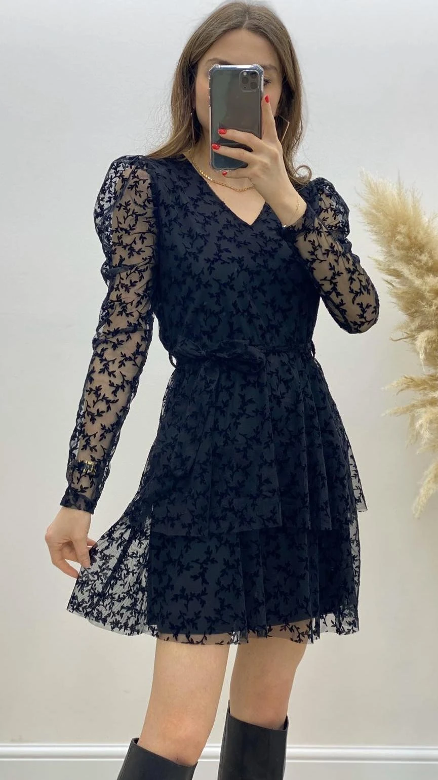 Yaprak Baskı Şifon Elbise