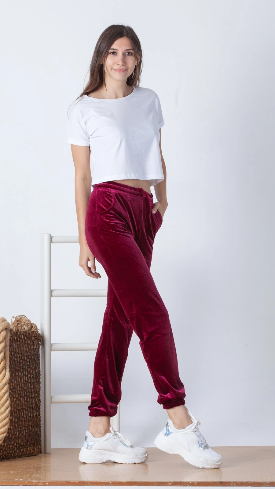 Kadife Lastikli Paça Pantolon-Bordo