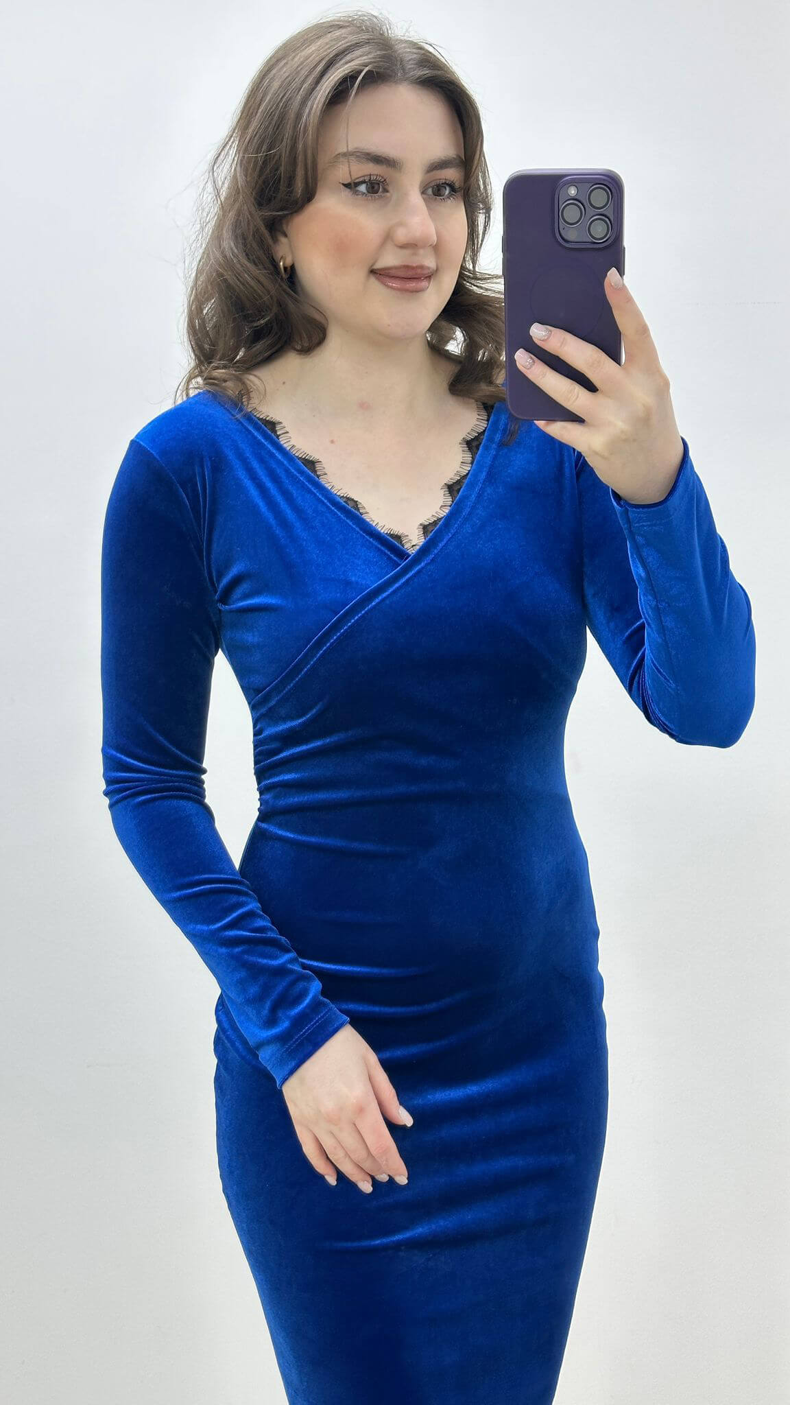 Dantelli Kadife Elbise Saks Mavi