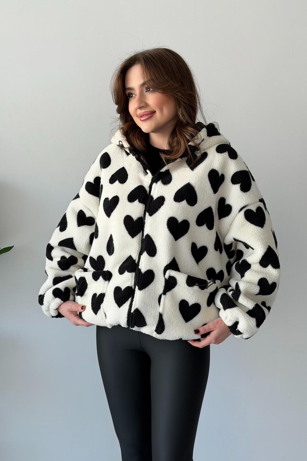 Kapşonlu Kalpli Peluş Mont