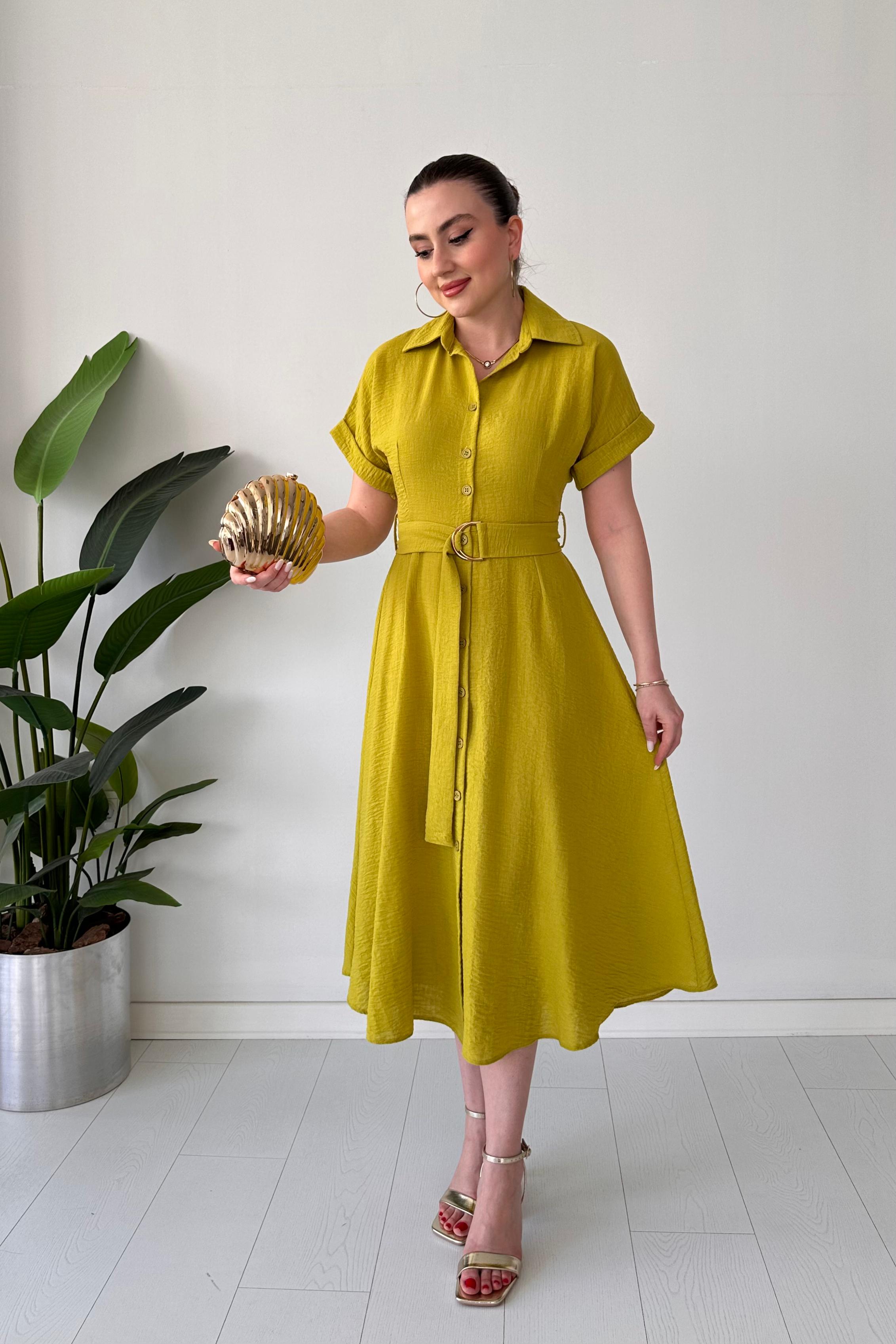 Metal Kuşaklı Gömlek Elbise - Yağ Yeşili