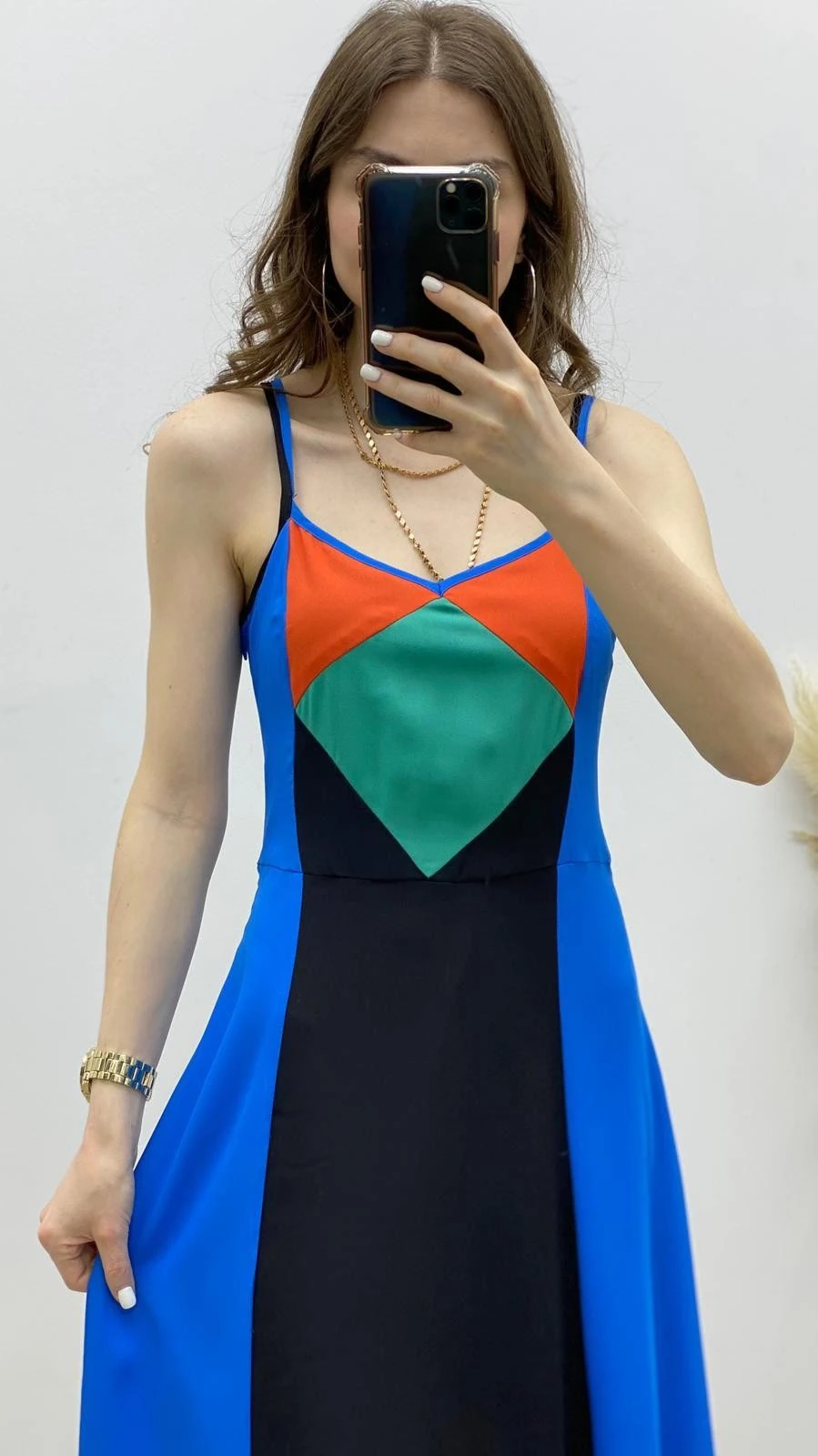 Geometrik Desen Askılı Elbise