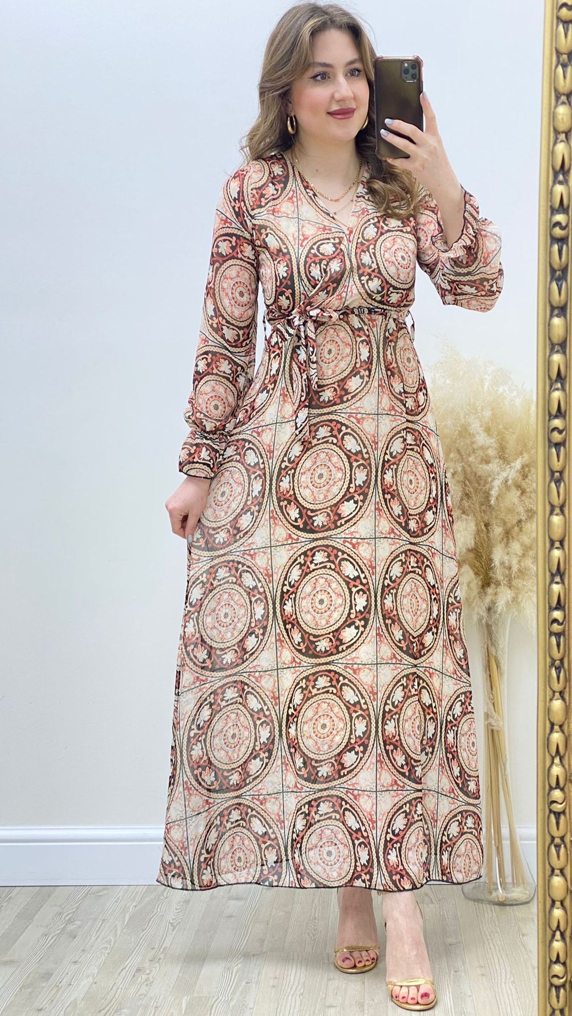 Çember Motifli Şifon Elbise Kiremit