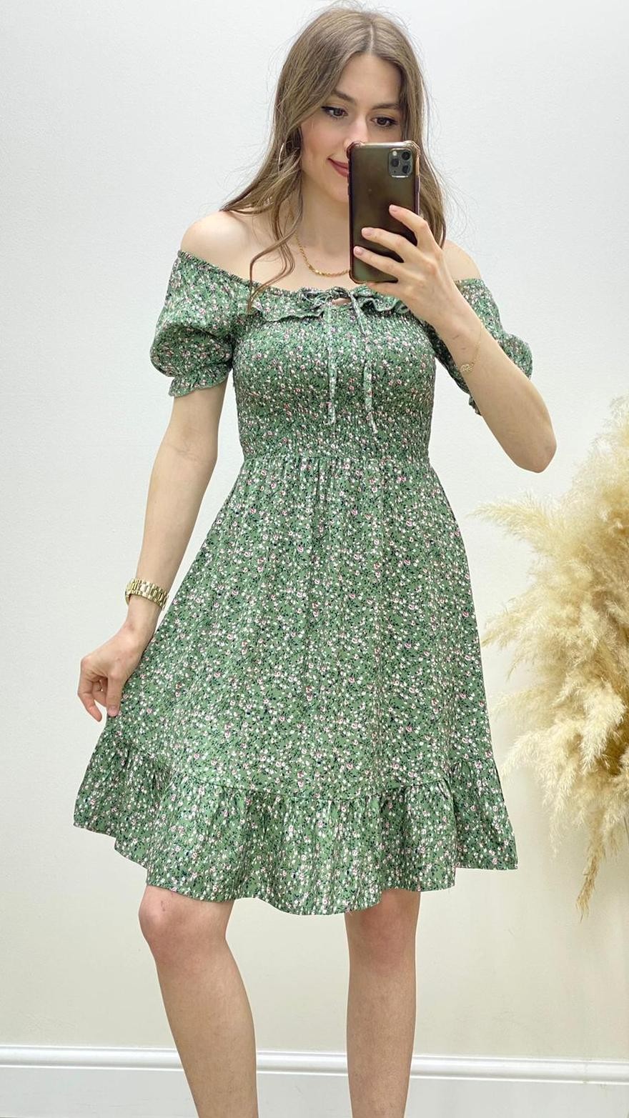 Kısa Kol Çıtır Desen Gipeli Kloş Elbise Mint