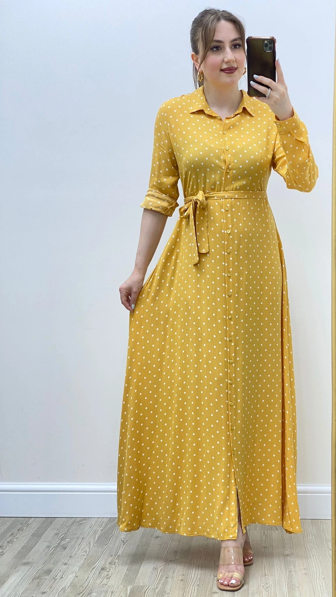 Maksi Puantiye Gömlek Elbise Sarı