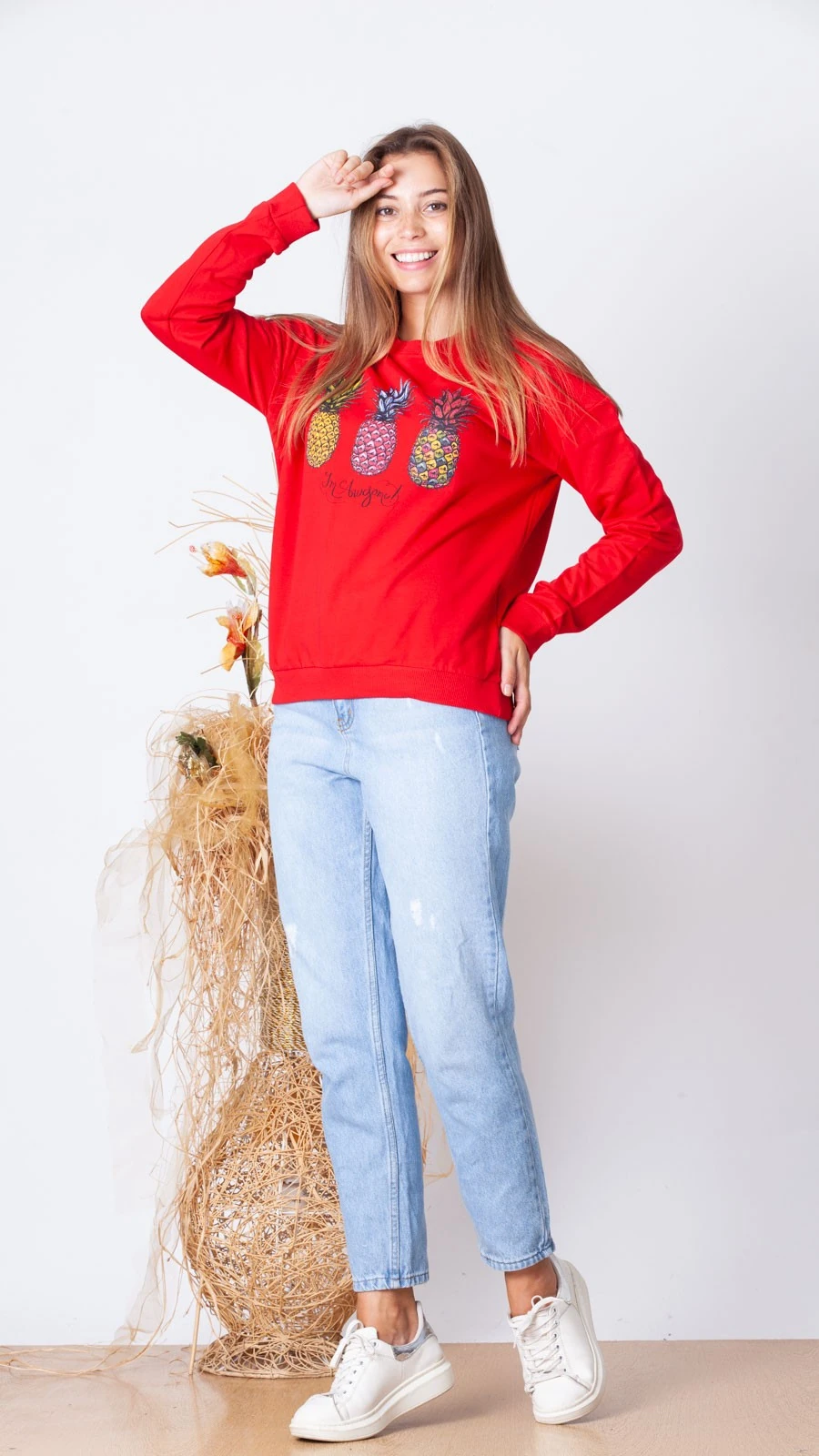 Ananas Baskılı Sweatshirt - Kırmızı