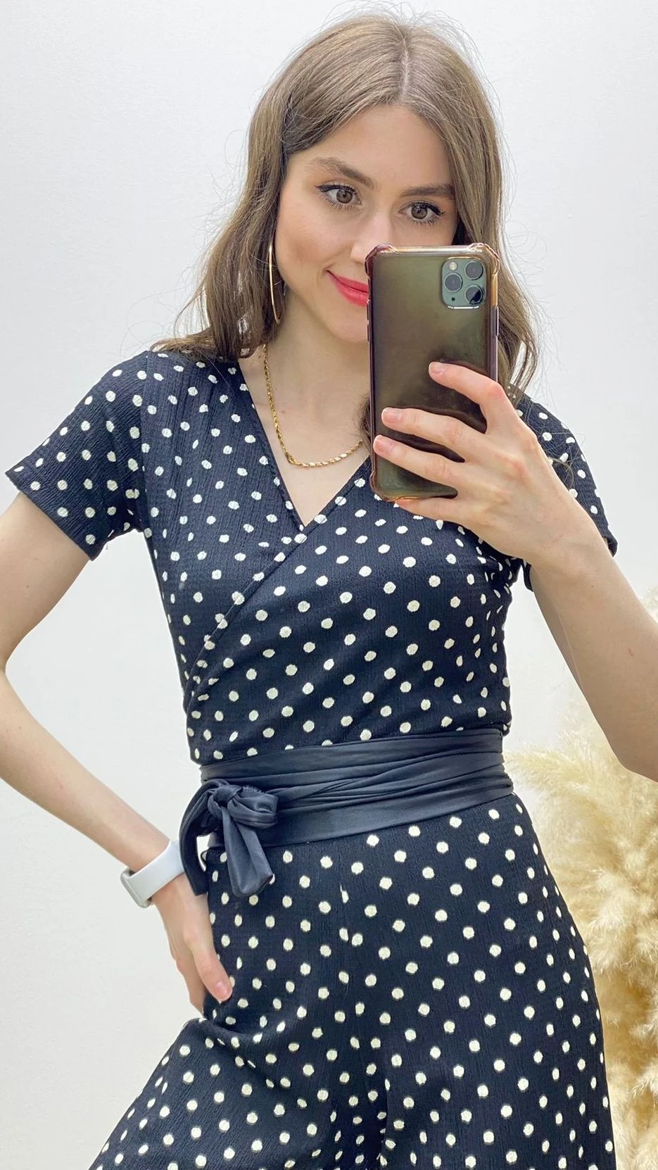 Kuşaklı Puantiye Tulum Siyah