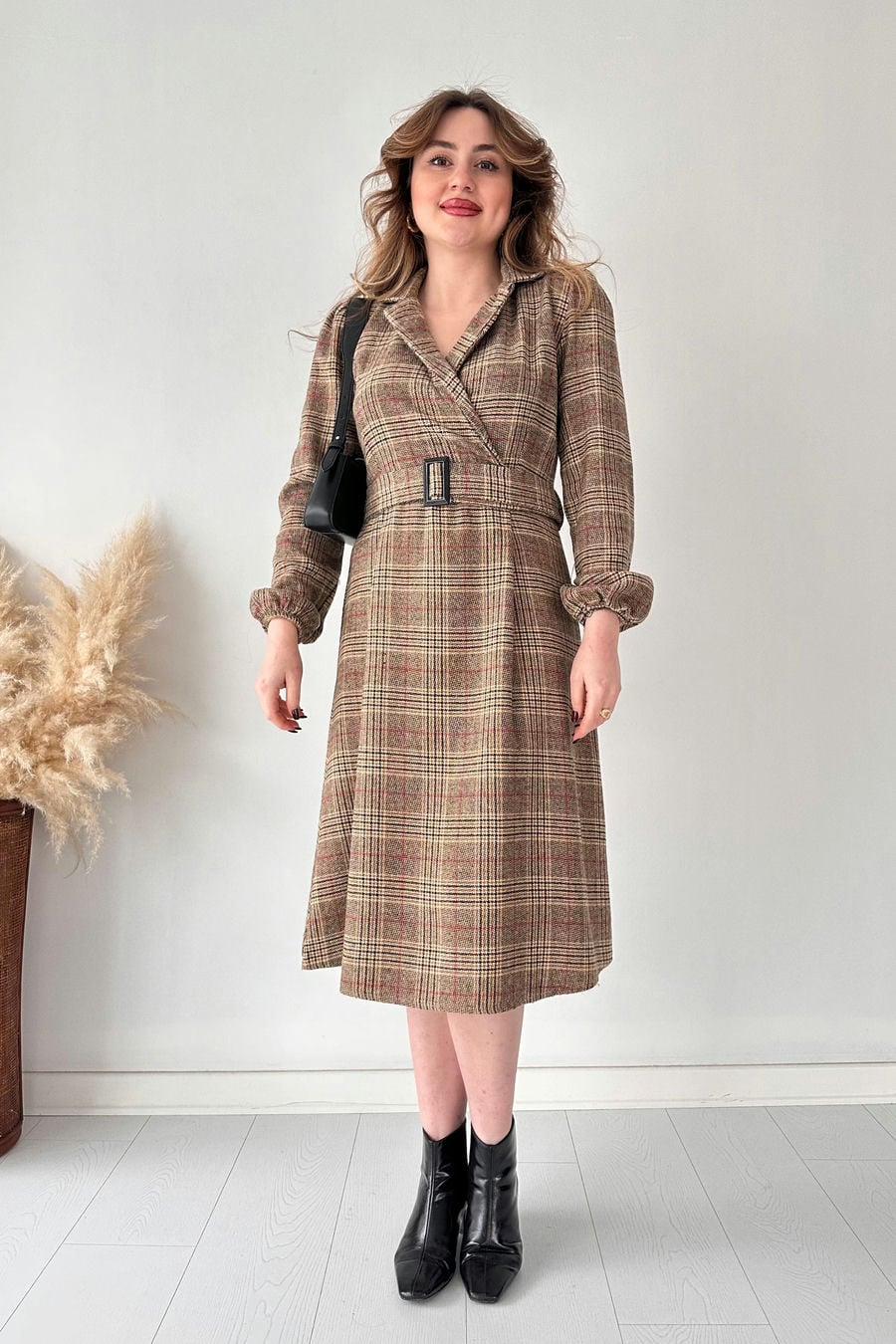 Kruvaze Kaşe Elbise Kahve