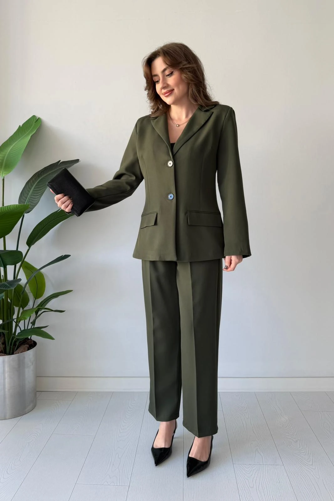 Çift Düğme Takım Elbise - Haki