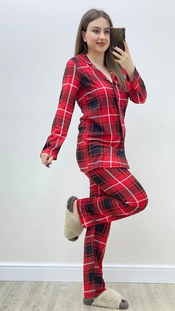 Ekoseli Pijama Takımı Kırmızı