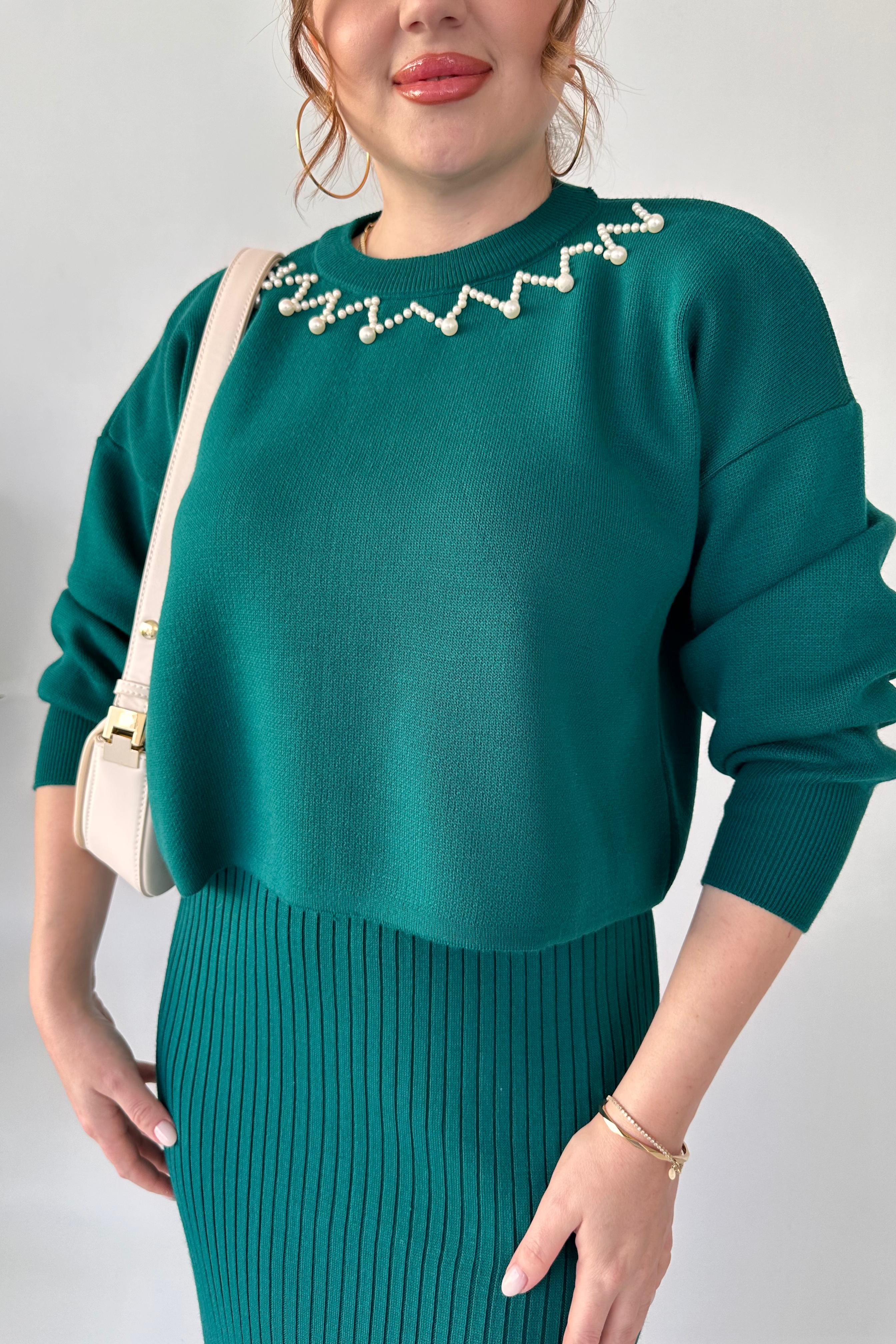 İnci Yakalı Kazak Elbise Takım