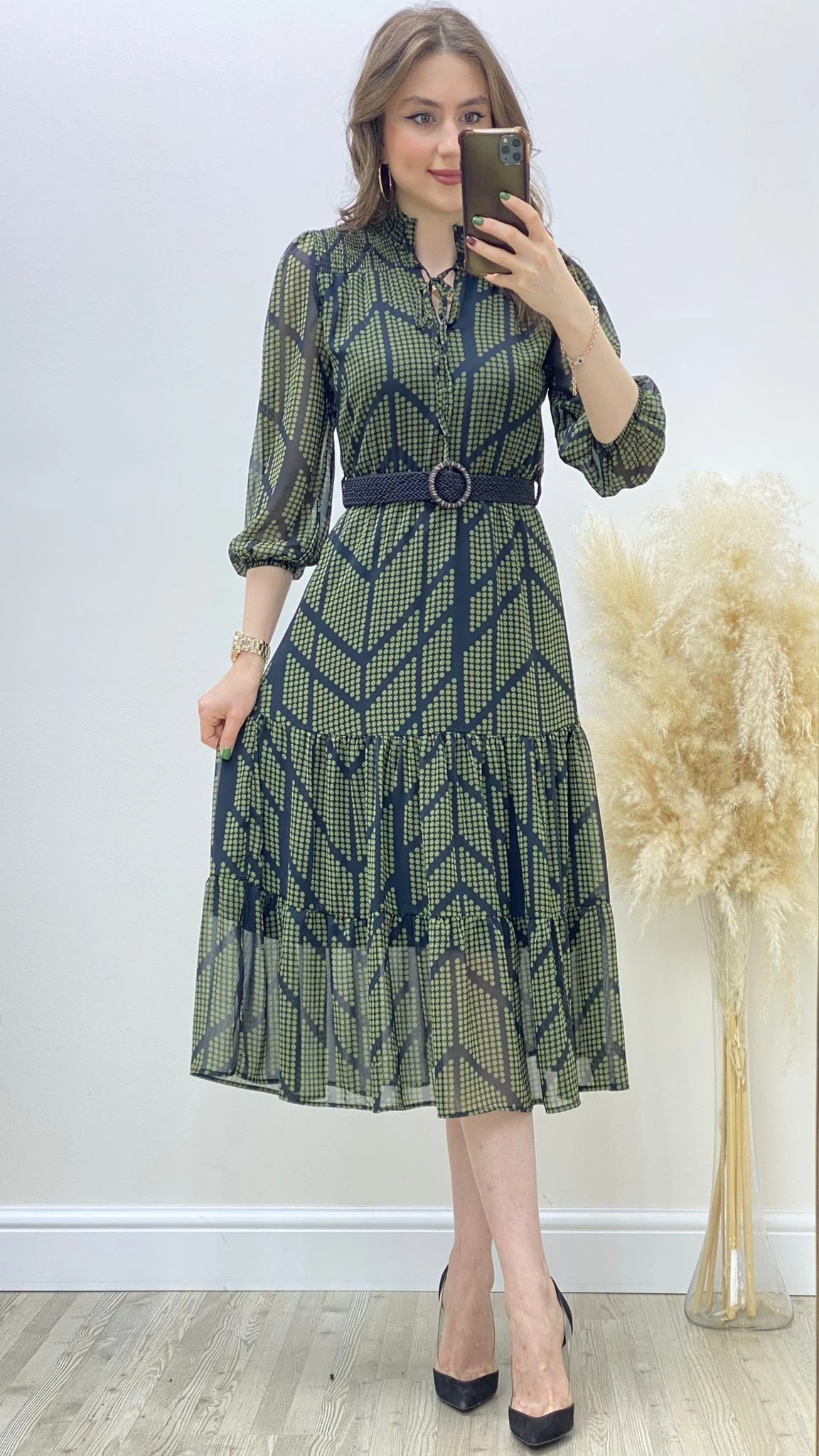 Halka Kemer Puanlı Şifon Elbise Haki