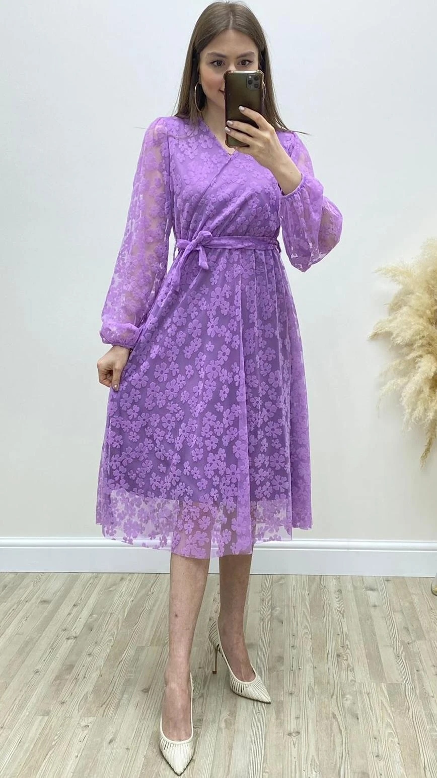 Çiçek Baskı Şifon Midi Boy Elbise Lila