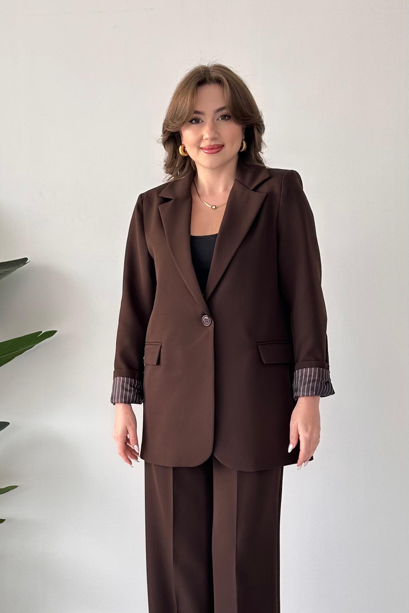 Çizgi Astarlı Blazer Ceket - Kahve