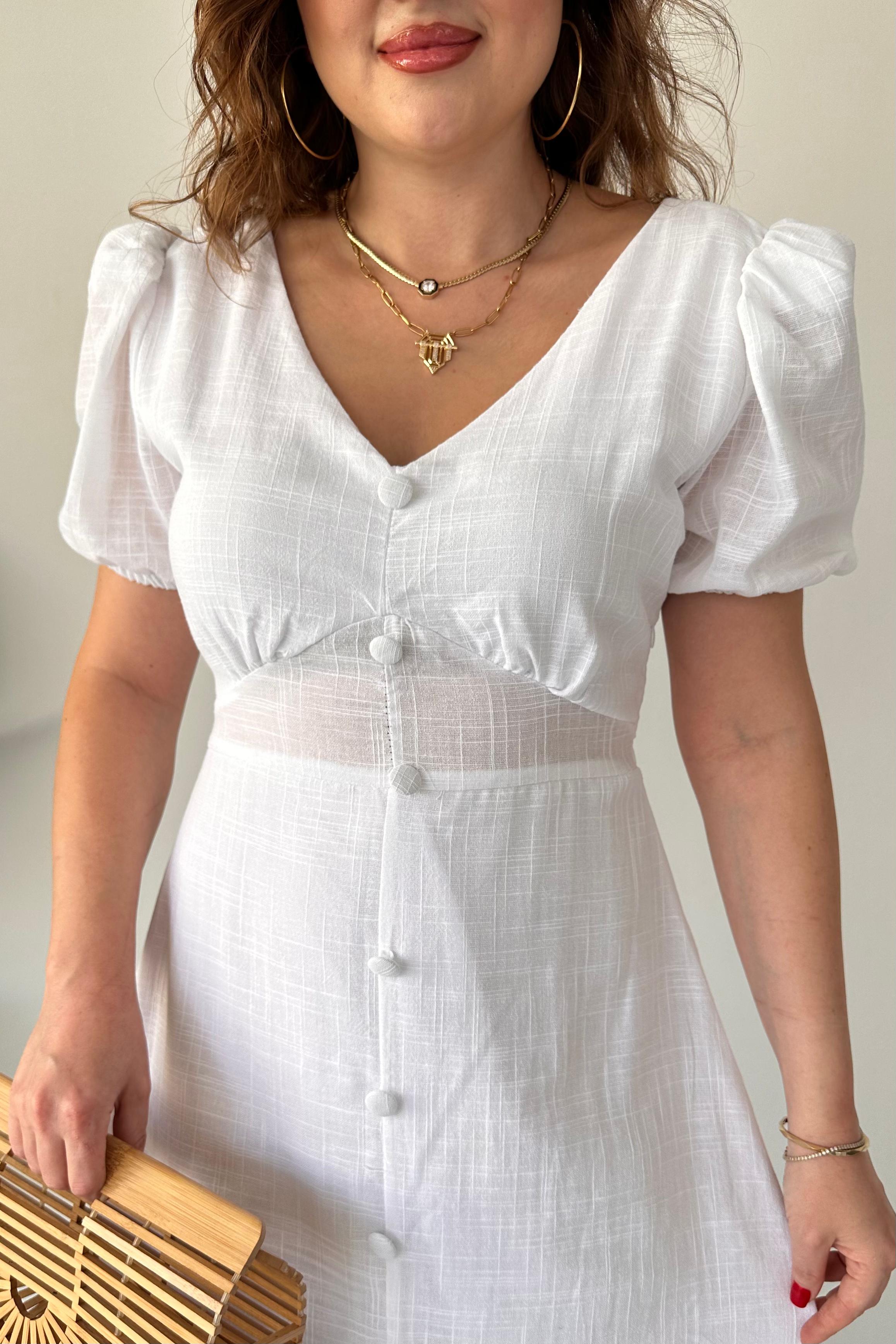 Önden Düğme Keten Elbise