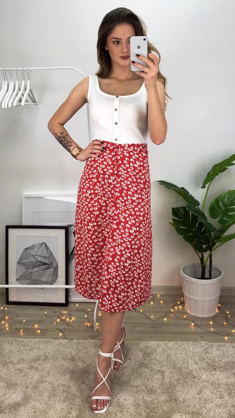 Önden Düğmeli Çiçekli Etek-Kırmızı