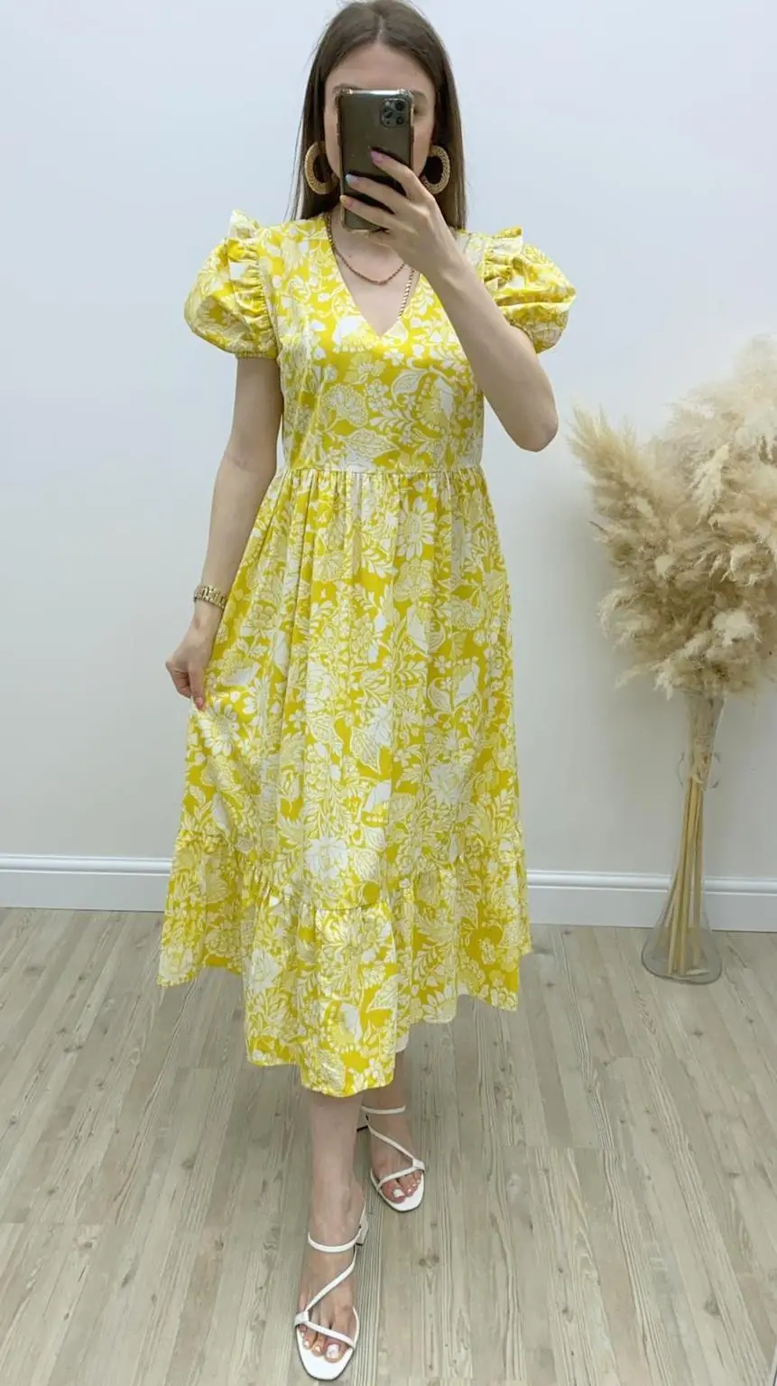 Ayçiçeği Desenli Poplin Elbise Sarı · 3