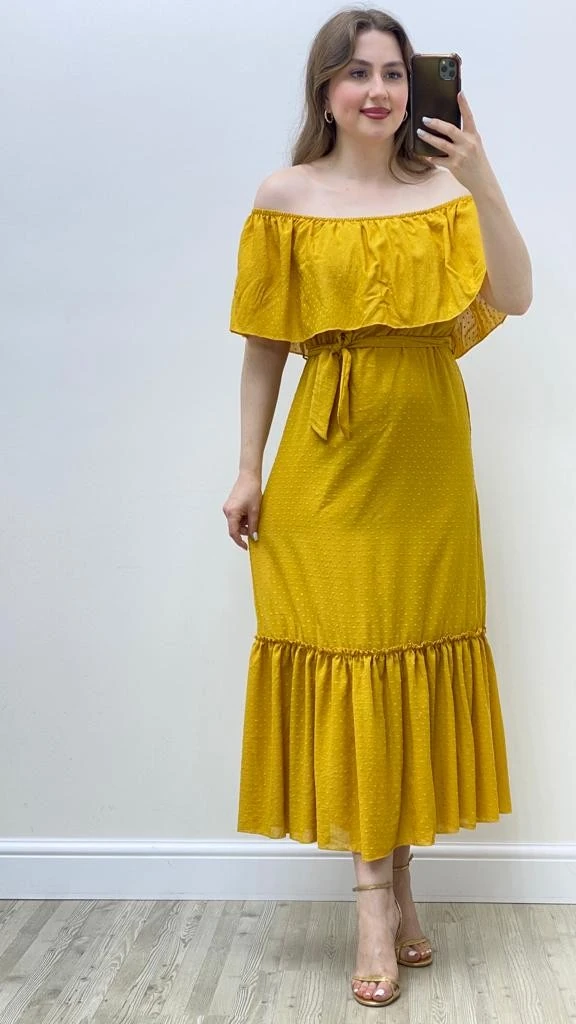 Kabarcık Puanlı Madonna Elbise Hardal