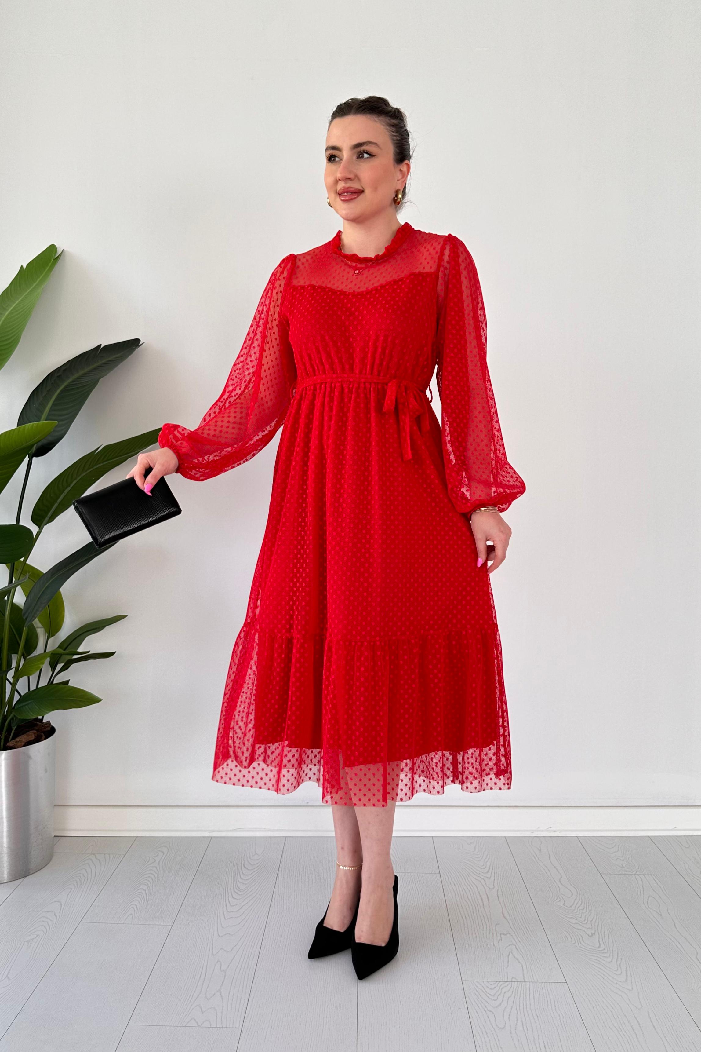 Puan Floklu Tül Elbise