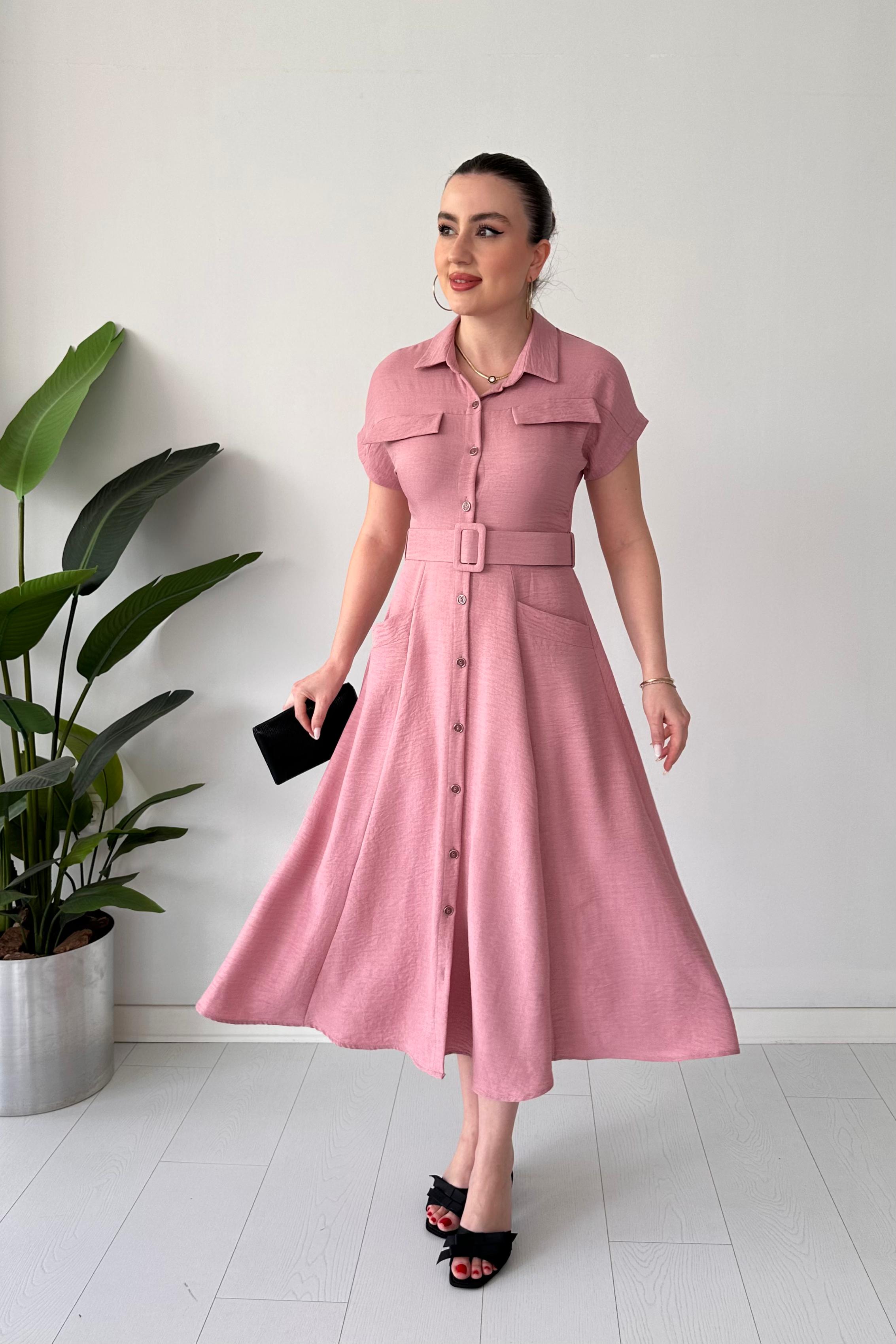 Cepli Gömlek Elbise - Pudra