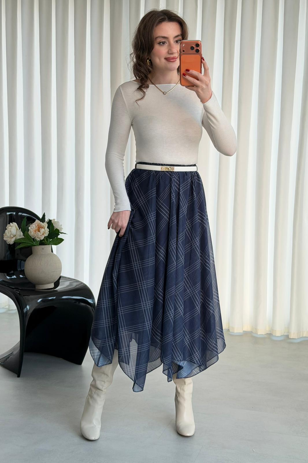 Dilimli Ekose Etek - Lacivert