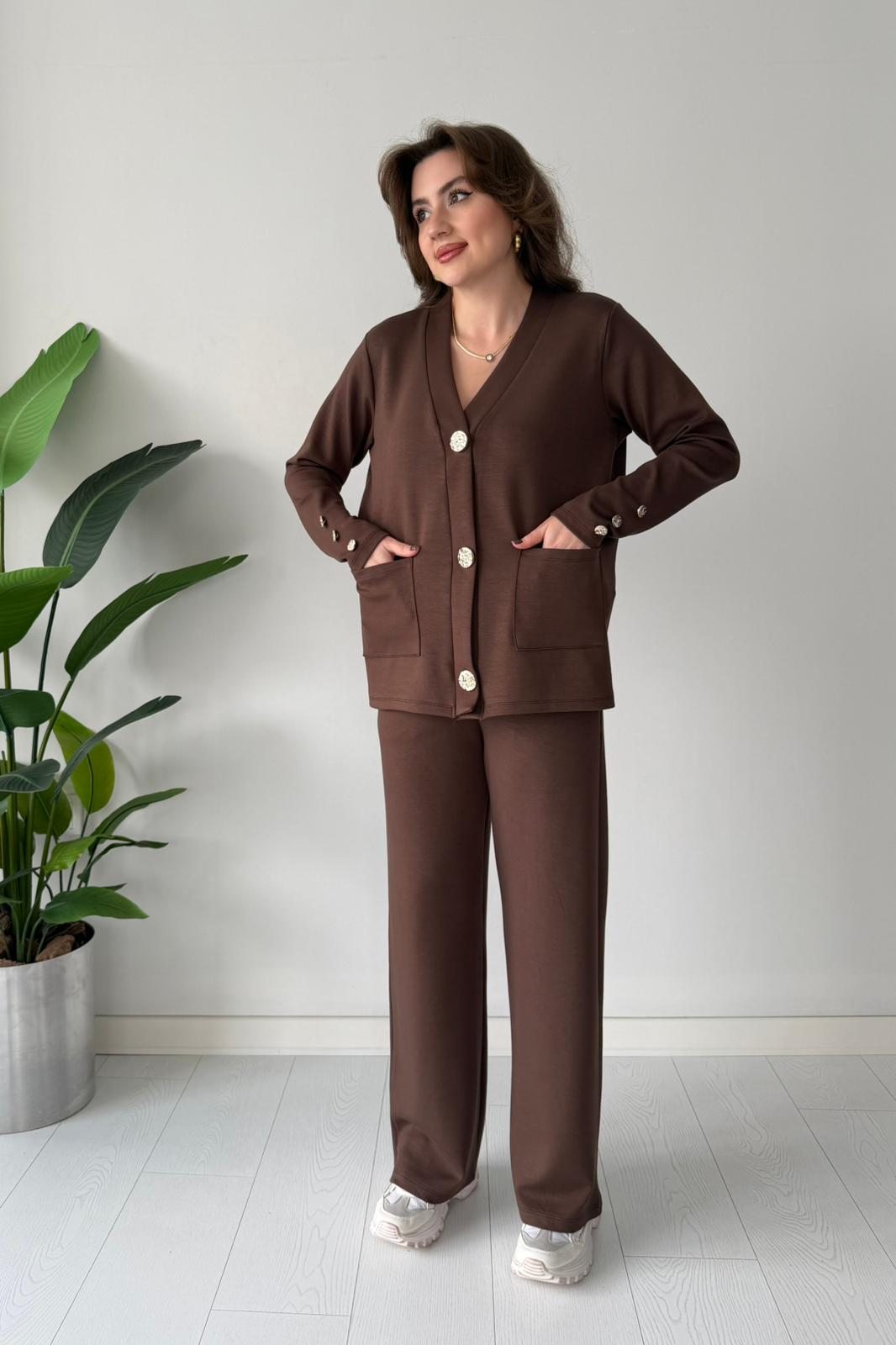 Düğmeli Hırka Takım - Kahve