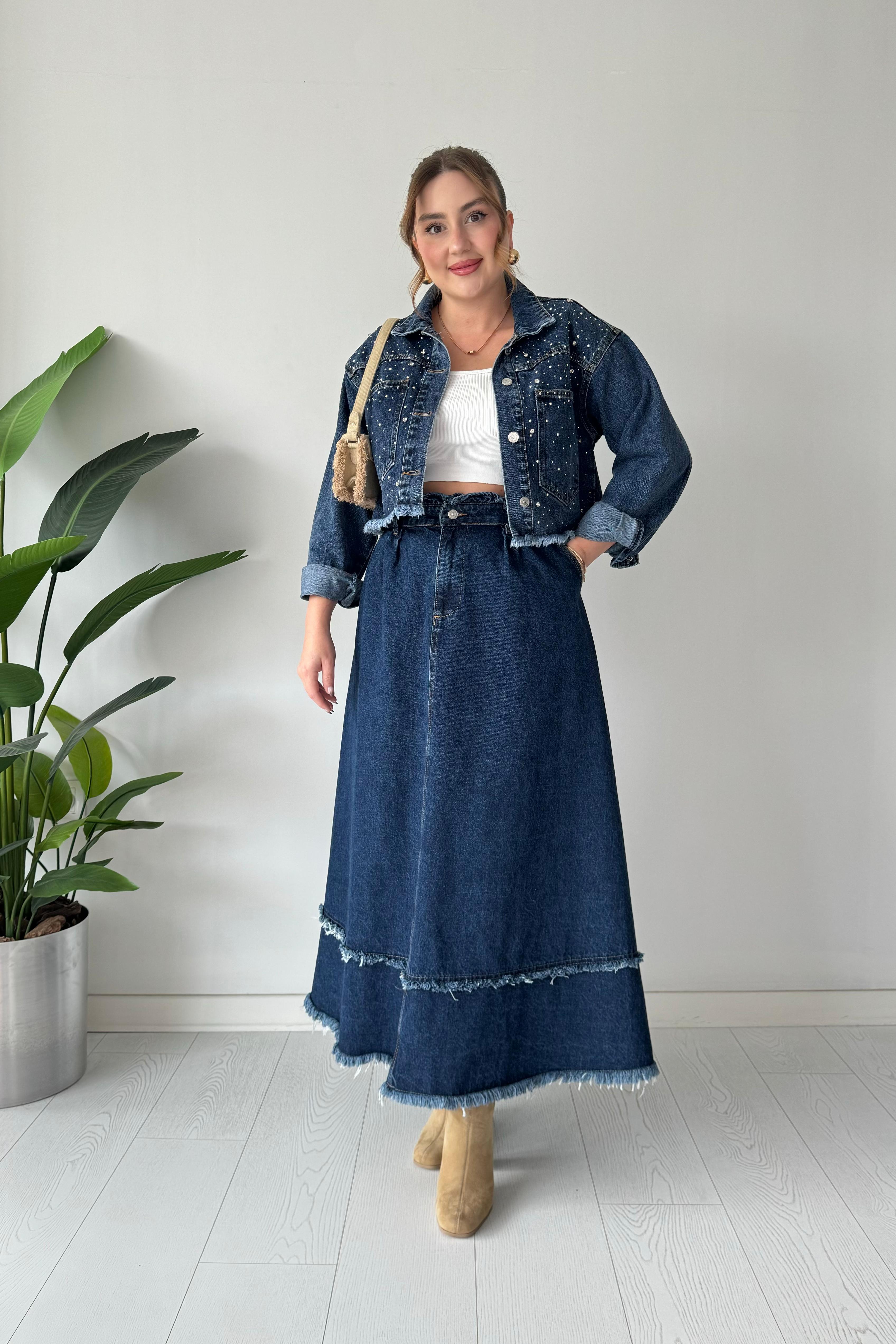 Midi Kloş Denim Etek