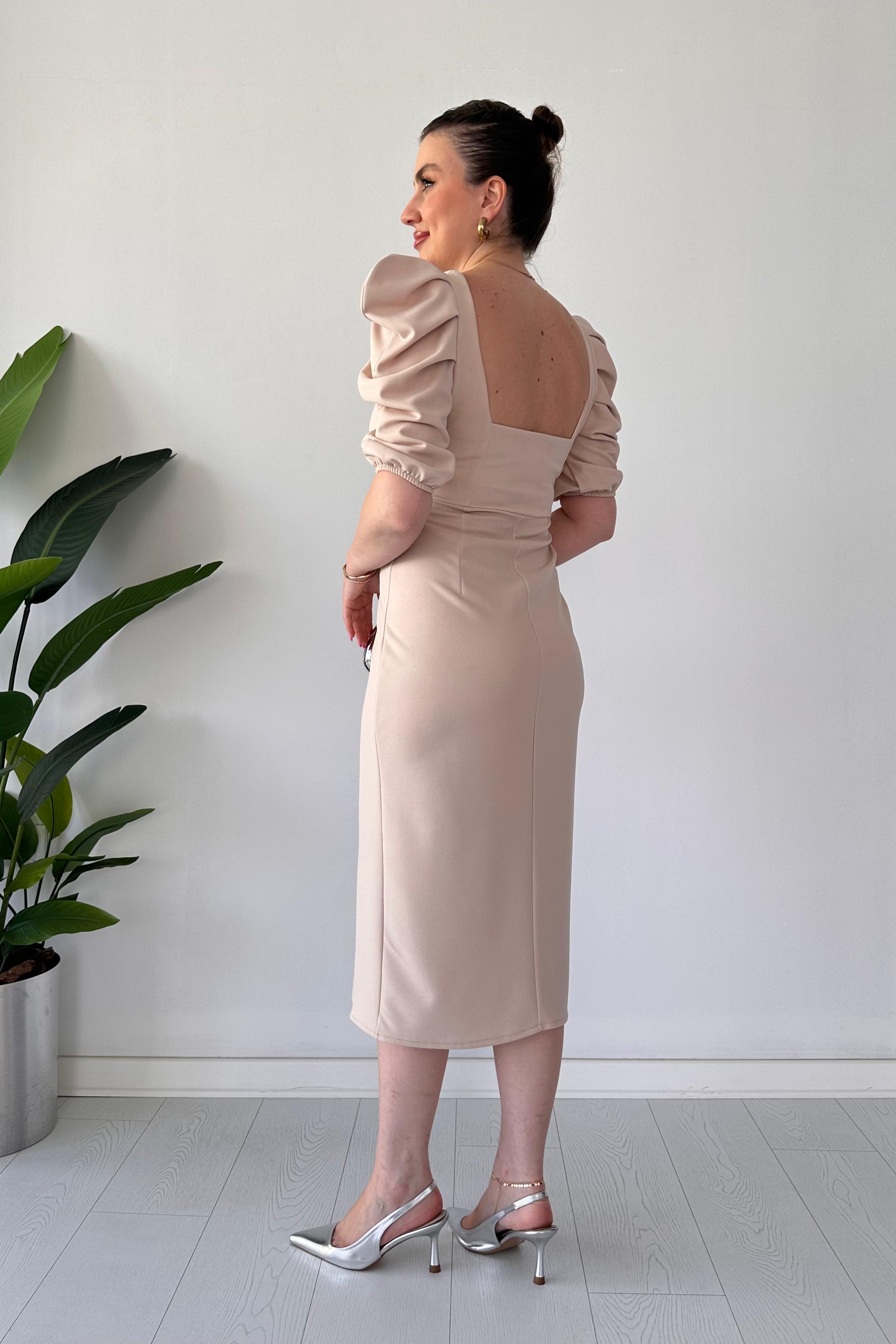 Prenses Kol Krep Elbise Krem