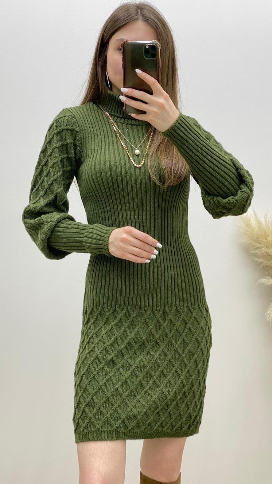 Baklava Desen Boğazlı Triko Elbise Haki