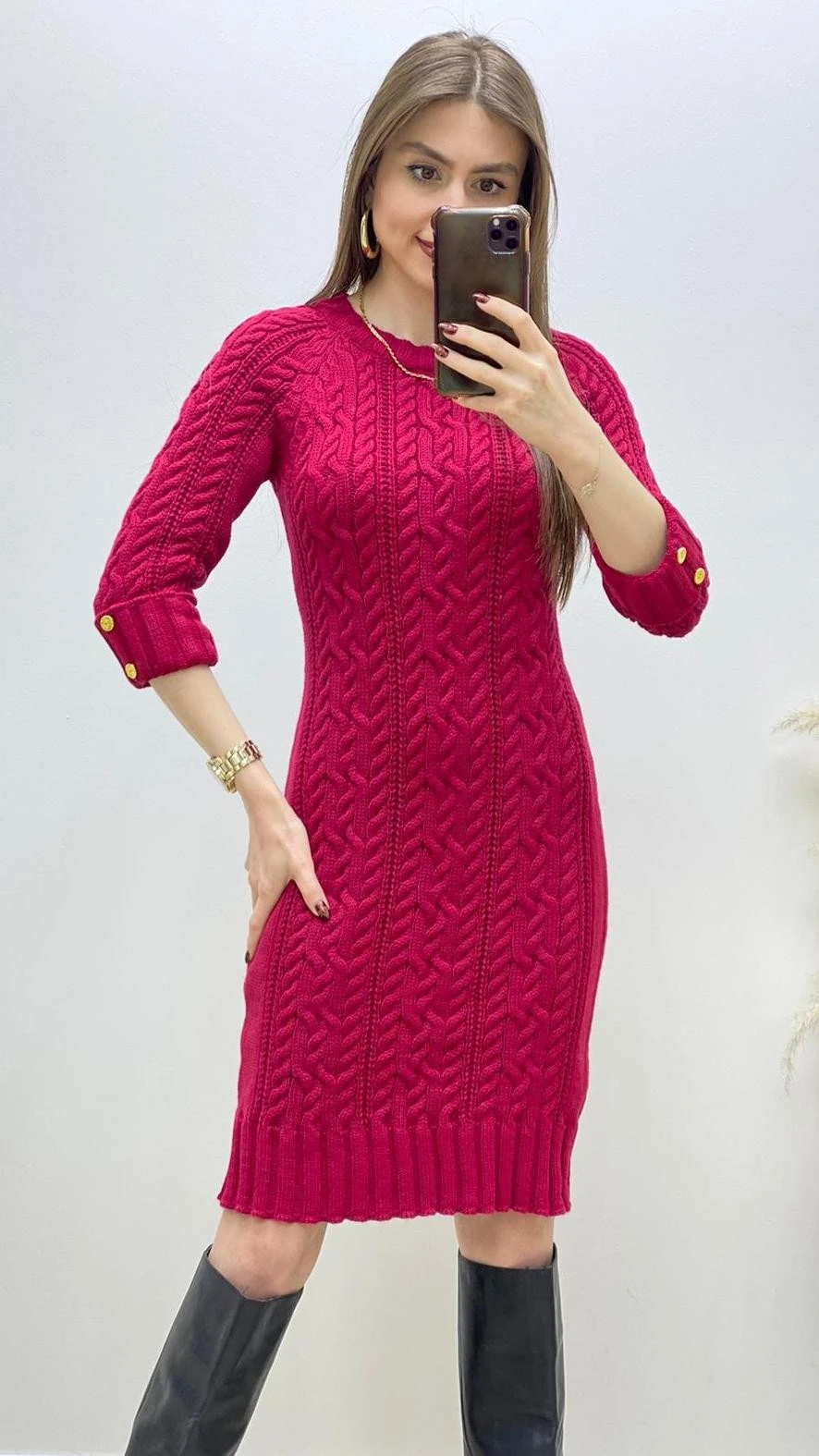 Düğmeli Saç Örgü Triko Elbise Bordo