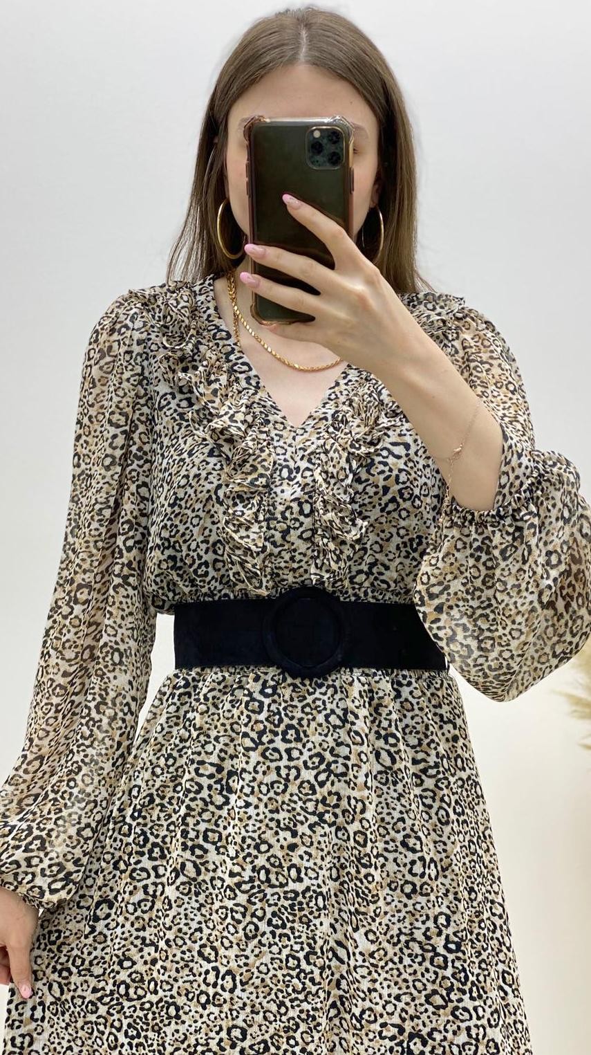Siyah Kalın Kemerli Leopar Desen Şifon Elbise