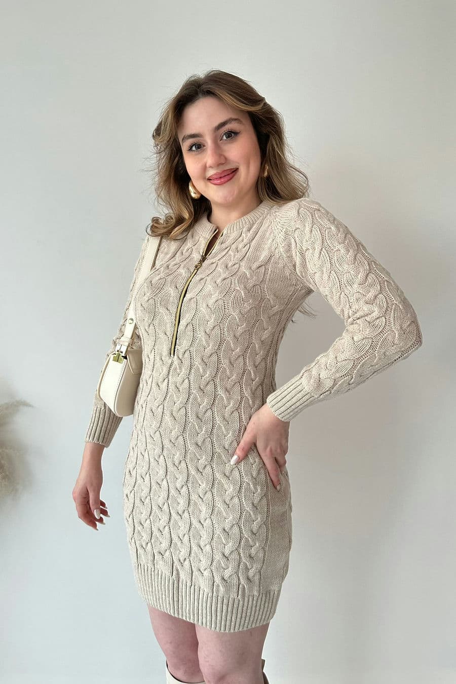 Saç Örgü Fermuar Detaylı Triko Elbise