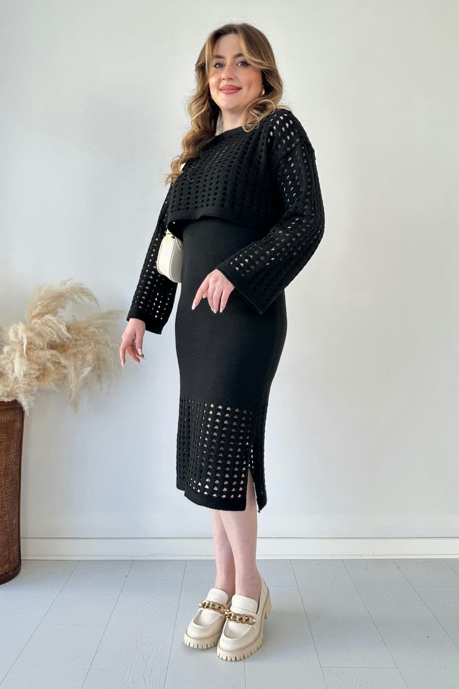 Delikli Triko Elbise Takım