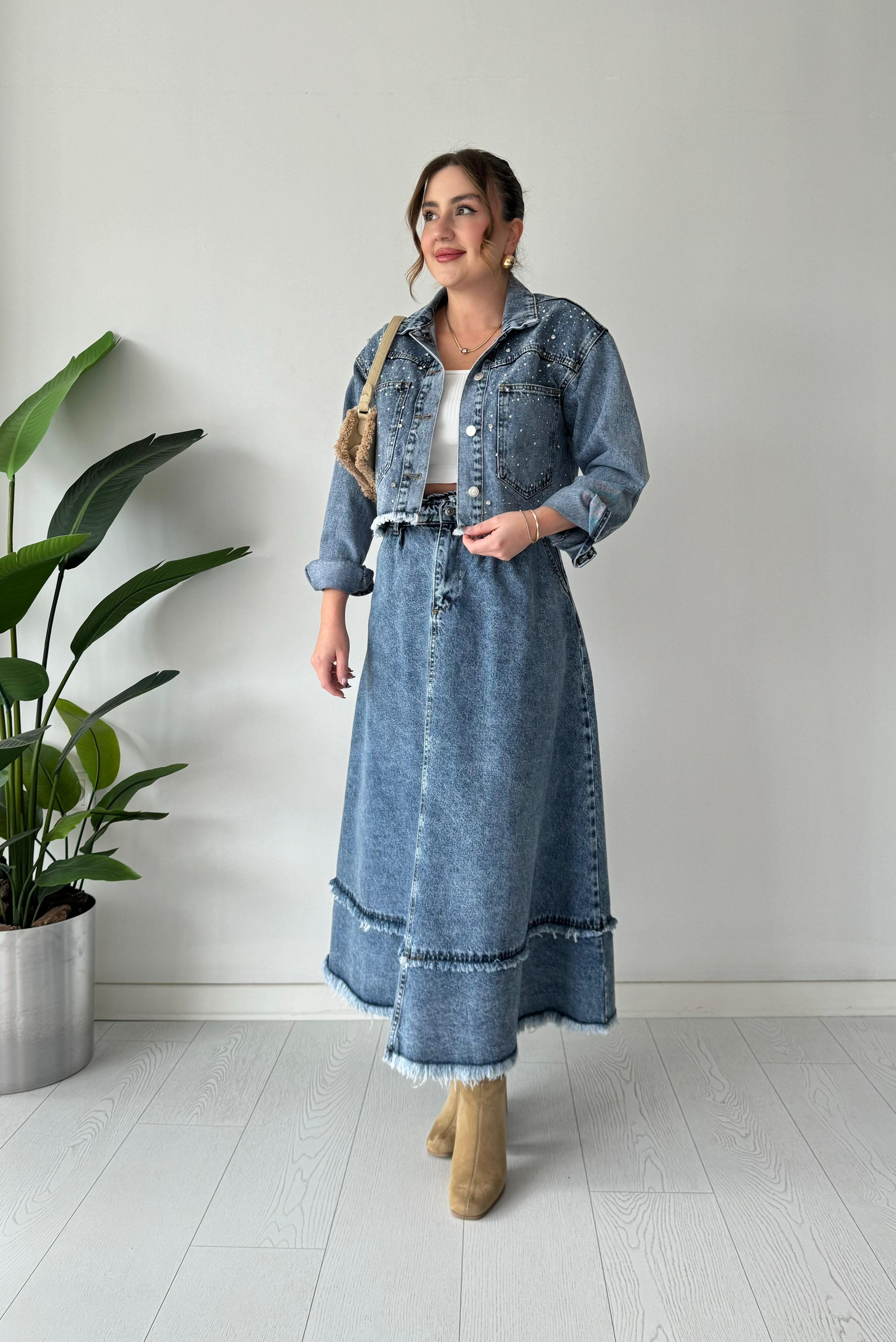 Midi Kloş Denim Etek