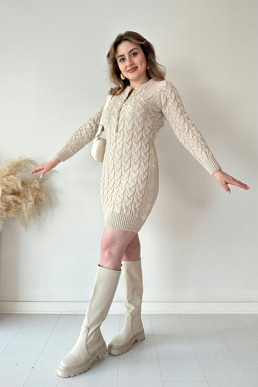 Saç Örgü Fermuar Detaylı Triko Elbise