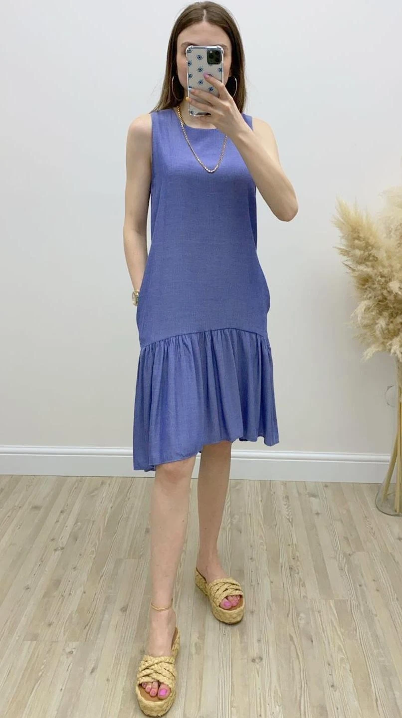 Eteği Volanlı Kolsuz Elbise Mavi