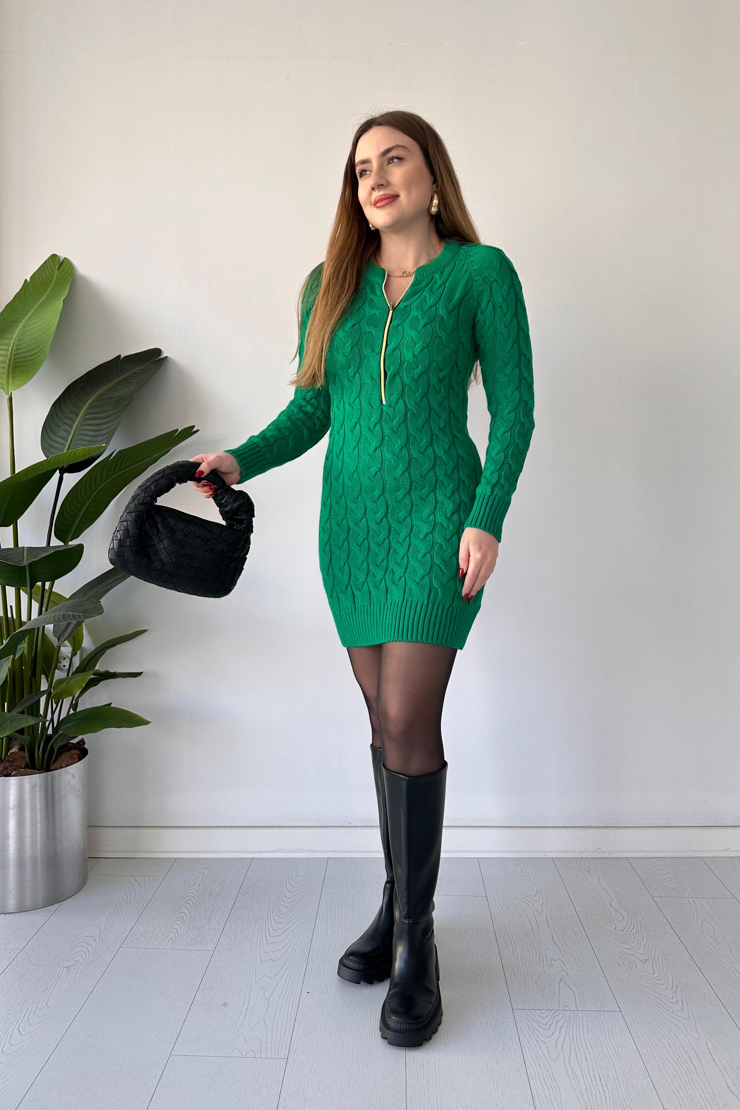 Saç Örgü Fermuar Detaylı Triko Elbise