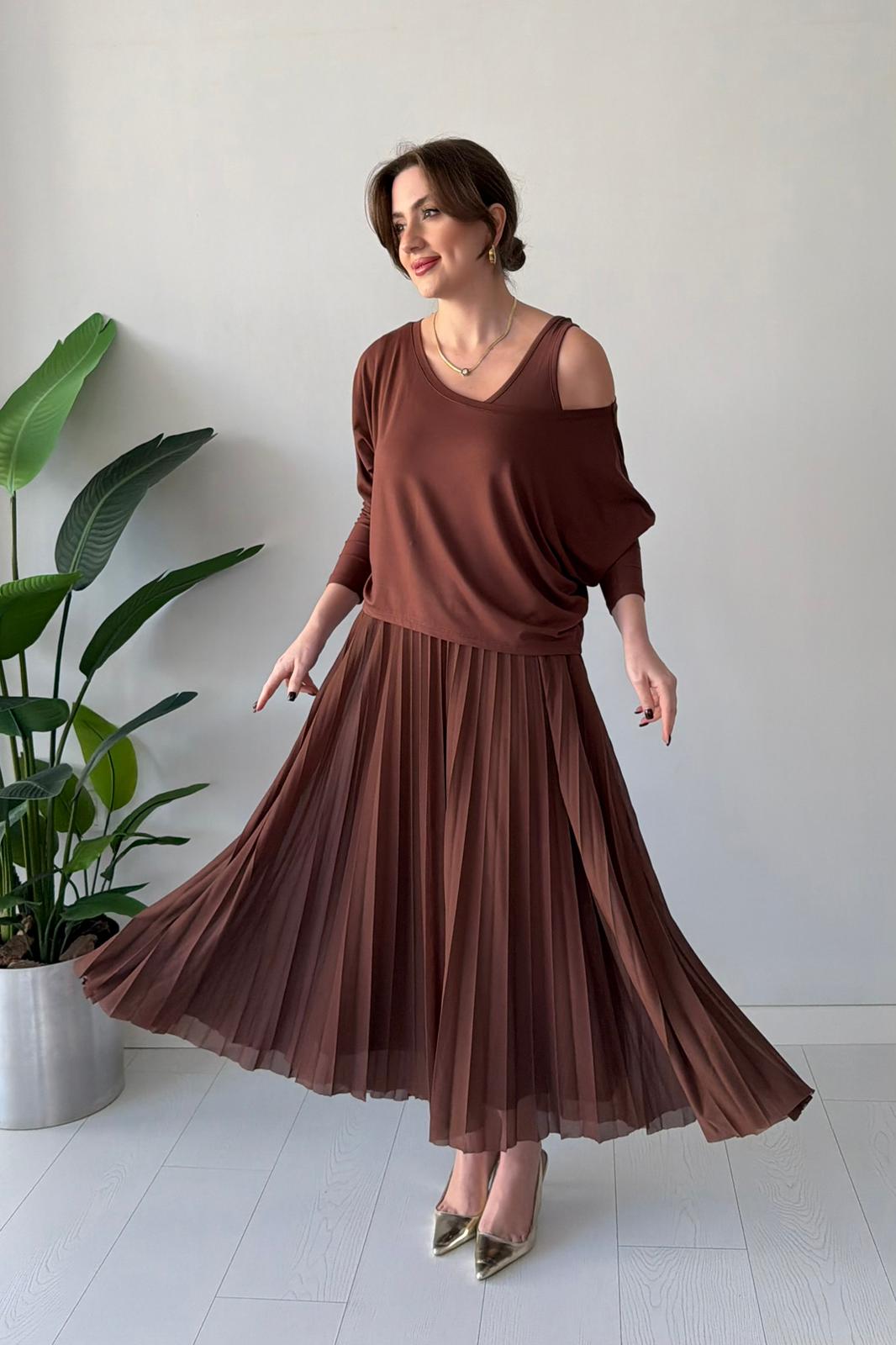 Bluz Detaylı Eteği Pileli Elbise - Kahve