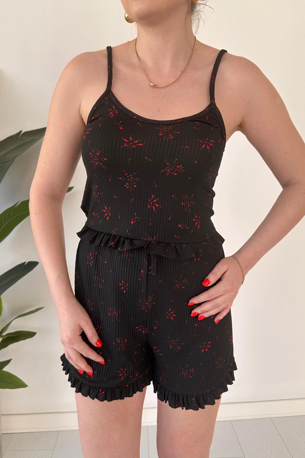 Desenli Pijama Takımı - KIRMIZI